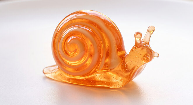 A gummy snail with a glossy spiral shell in saturated orange colour