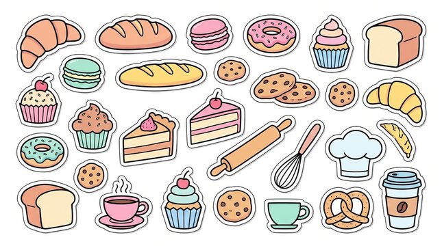 Cute bakery and pastry elements sticker sheet, flat vector doodle style