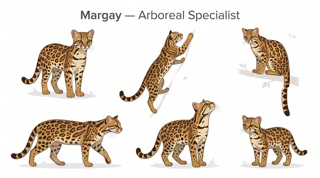 Margay Cat Arboreal Specialist in Various Positions Illustration.