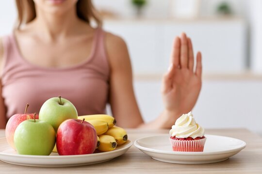 Woman refusing sugary cupcake while choosing fresh fruit, concept of healthy eating, balanced diet, reducing sugar, nutrition choices and weight management