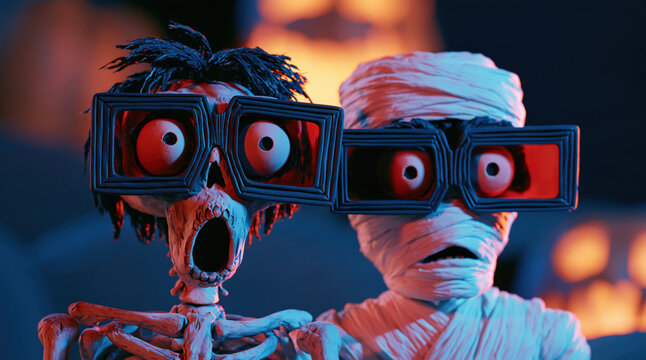 Spooky mummy and skeleton characters wearing 3d glasses watching scary halloween movie, surprised and shocked
