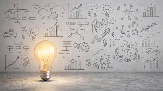 A glowing lightbulb standing on a concrete floor against a wall filled with hand-drawn business sketches and data charts, representing a bright idea for business growth and innovative strategy.