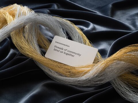 Card featuring interconnection and community quote text surrounded by bundles of shimmering gold and silver metallic threads on dark blue draped velvet fabric background.