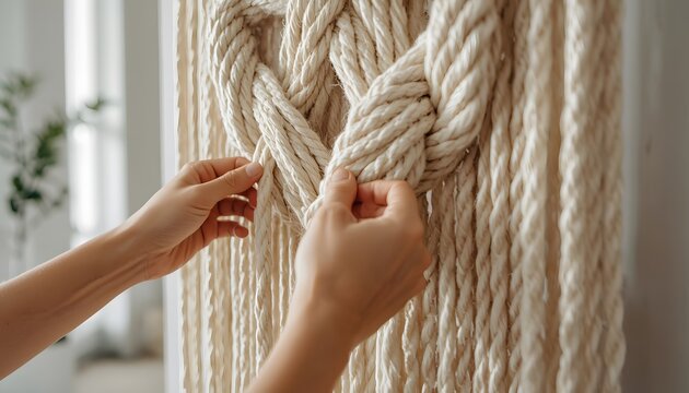 Macrame weaving hands knotting thick cotton rope in sunlit studio macro shot for creative workshop advertising