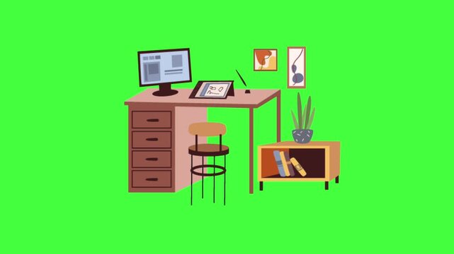 Flat vector animated home office interior with a wooden desk, computer, chair, rug, tall potted plant, and floor lamp on a green screen background