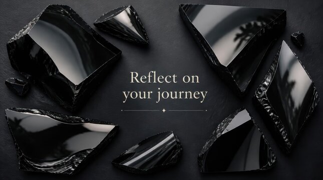 Top-down view of polished black obsidian volcanic glass shards with conchoidal fractures arranged around the inspirational text quote Reflect on your journey on a dark background.