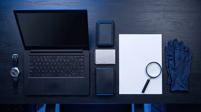 Digital forensics investigation desk with laptop, hard drives, documents, magnifier and gloves