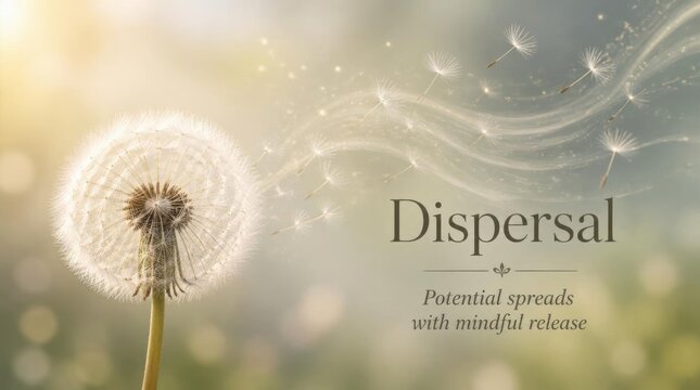 Close-up of a dandelion clock with seeds blowing in the wind against a soft golden bokeh background, including the text Dispersal and a quote about potential and mindful release.