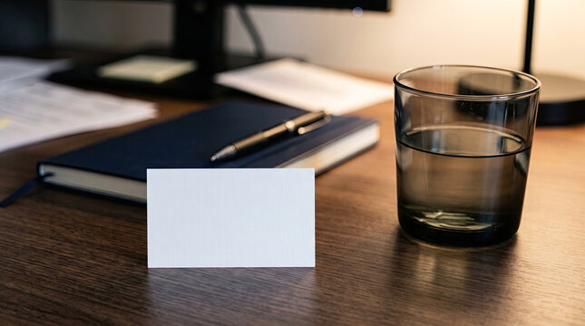 Business card mockup on wooden desk with notebook, pen and water glass in modern office