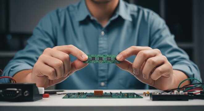 Technician Holding Computer Memory Module Over Motherboard for Installation or Repair