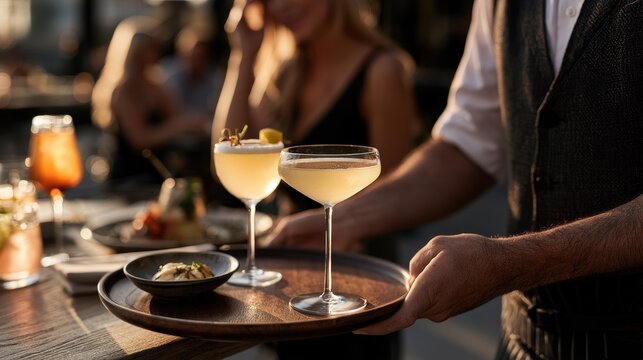 Waiter serving two light cocktails on a wooden tray at a quiet outdoor terrace for restaurant menu background and hospitality design