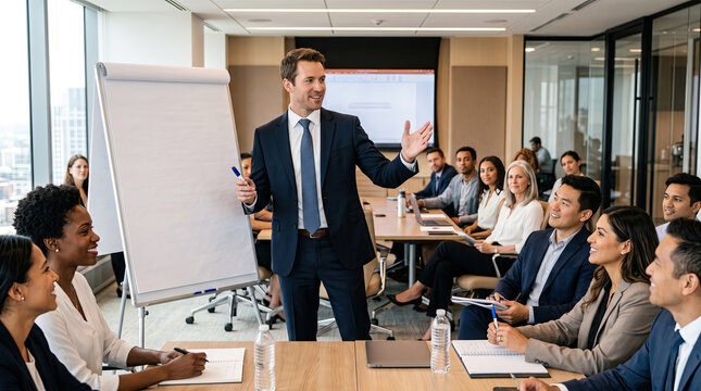 Confident businessman presenting strategy on flipchart during corporate meeting in modern office
