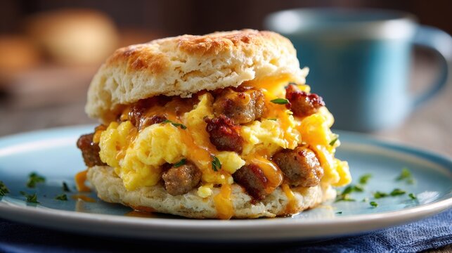 Delicious breakfast biscuit with sausage, scrambled eggs, and cheese on blue plate