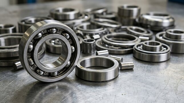 Industrial steel ball bearings and roller components on a metal workshop table