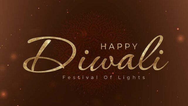 happy diwali greeting on dark borwn gradient with gold color text simple mandala motion combine bokeh particle effect creating luxury greeting message