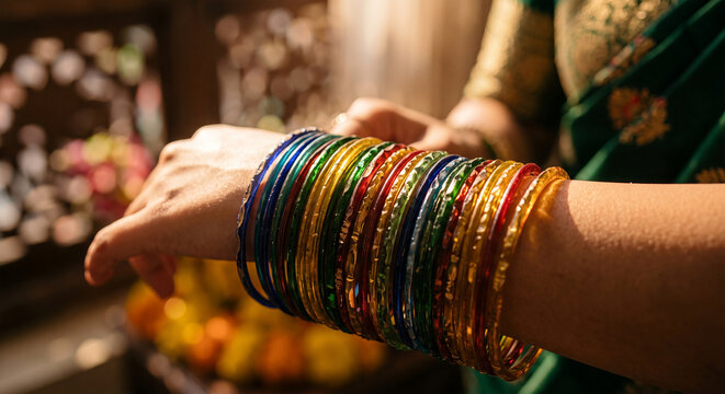 Colorful glass bangles stacked on a wrist