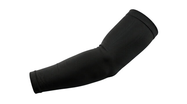 Black compression arm sleeve for sports, elastic athletic sun protection cover, breathable spandex cooling arm warmer isolated on white