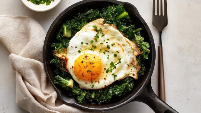 Crispy kale and fried egg skillet for one breakfast recipe and healthy meal background for food blog banner and cookbook layout