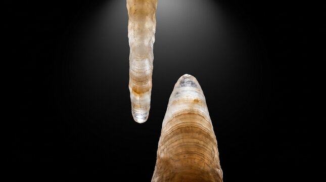 Stalactite and stalagmite formations inside a dark limestone cave highlighting natural mineral deposits and geological wonders of underground rock structures illuminated against the deep