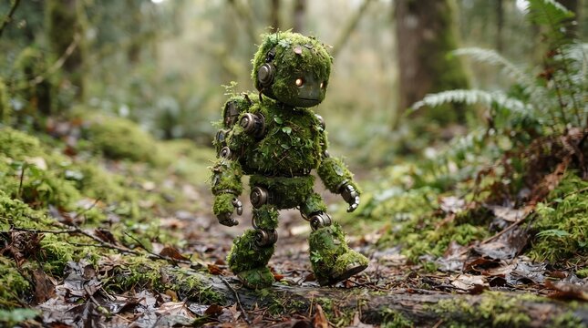 A small robot covered in green moss walking through a lush forest.