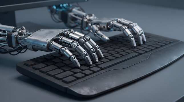 Robot hands typing on a computer keyboard in a modern office setting.