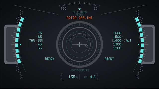 Sci-fi fighter jet cockpit HUD visor display with arc tapes and altitude ladders