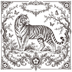 Fototapeta premium Tiger with Plum Blossoms in an Ornate Vintage Engraving Frame 