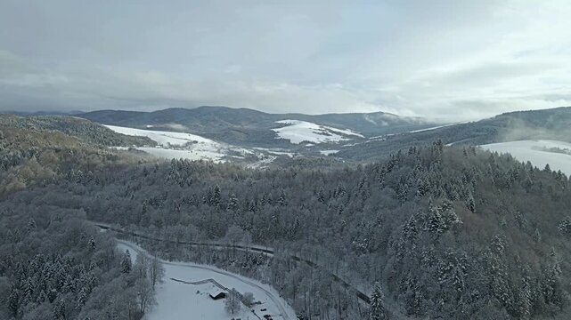 Aerial view of the Poprad Landscape Park in Beskid Sadecki on a december ,winter day
