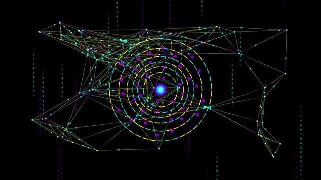 Abstract digital network connection with concentric circles and binary code data stream on a dark background
