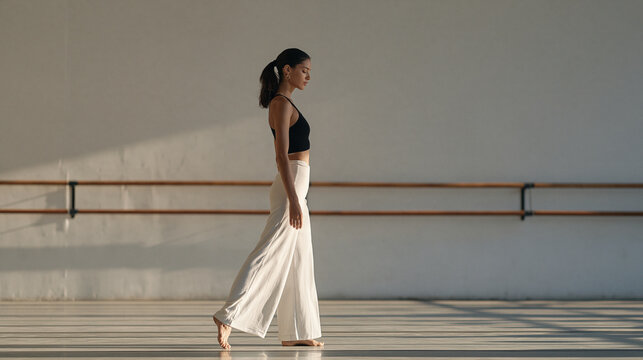 a twenty something woman practicing tango footwork in front of a mirrored studio wall alone on national tango day, determined expression, dance training, december afternoon,