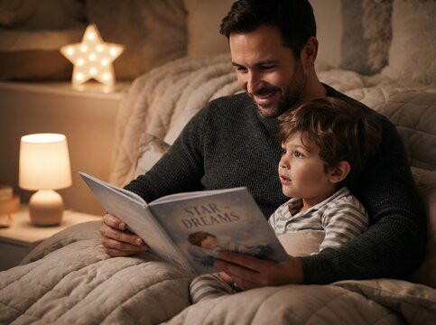 Father reading a bedtime story to his young son in a cozy bedroom at night.