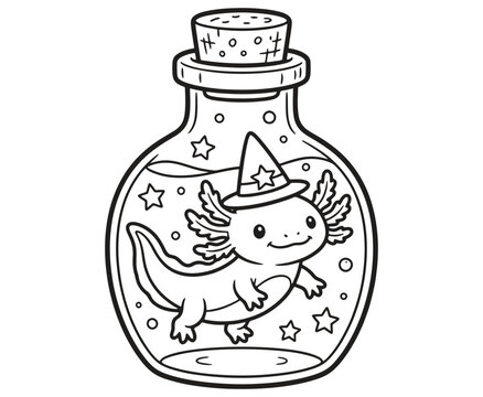 Cute axolotl in a magic potion bottle coloring page for kids.