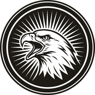 Vintage screeching bald eagle head with sunburst round badge illustration woodcut raptor bird design element vector isolated on white background   