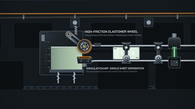 2D animation showing the internal technical mechanism of an automated ATM banknote friction sorter handling cash dispensation, double-feed detection, and mechanical reject routing