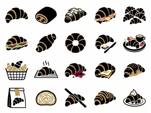 Croissant and pastry icon set with black and brown illustrations for cafe menu and bakery products branding.