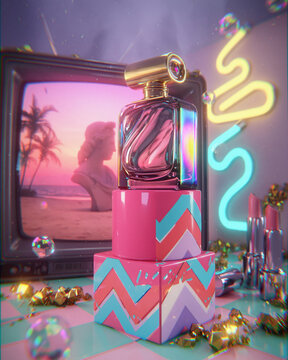 Memphis vaporwave perfume jar on colorful neon gift display stage