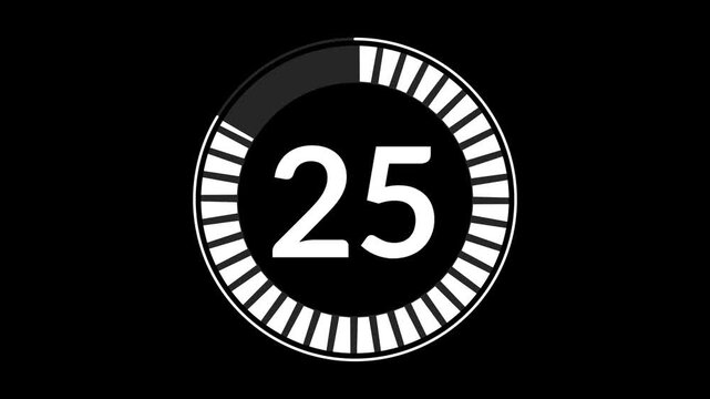 30 second segmented countdown timer on black background with rectangular progress ring. Modern 30 second circular countdown timer with segmented rectangle animation