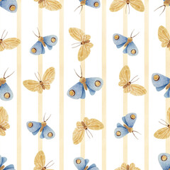 Watercolor seamless striped pattern with blue and yellow moths. Hand drawn repeatable design with butterflies and pastel vertical stripes for textile, wallpaper, wrapping paper, stationery, packaging. © DarkberryStudio