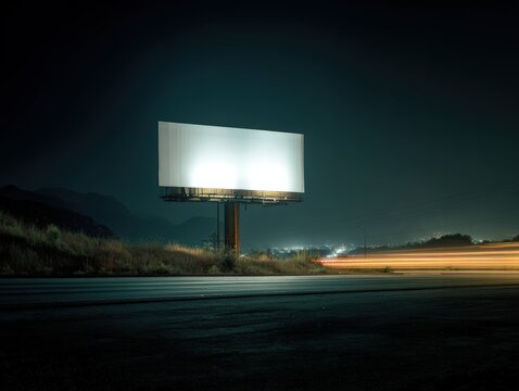 Contemporary artwork portrays blank advertising display in an urban setting in thoughtful styling with editorial spacing. Expressive color enhances poster design and online advertising.