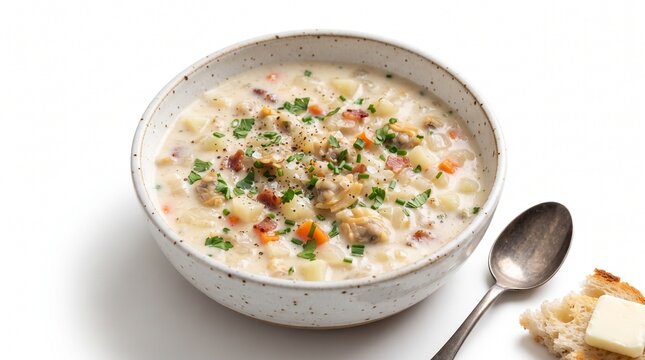 Creamy Clam Chowder Soup with Potatoes Bacon and Fresh Herbs in Bowl with Bread Isolated Horizontal Shot