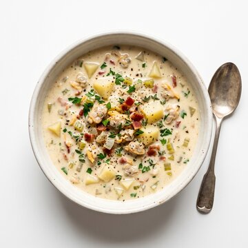 Creamy New England clam chowder soup with potatoes, bacon, and fresh herbs in a bowl with a spoon view[cite: 17, 18]