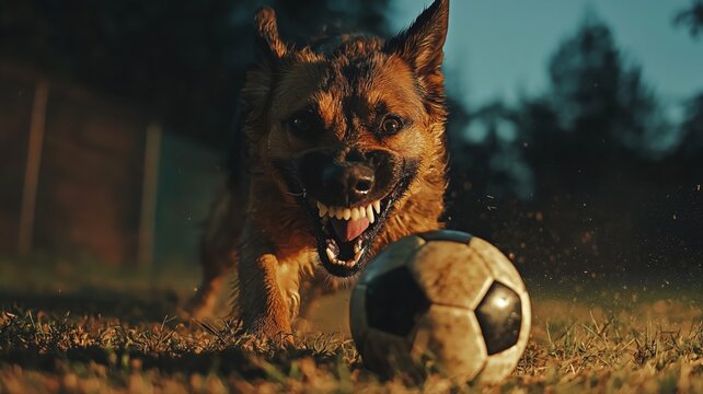 dog playing with soccer ball in the grass
