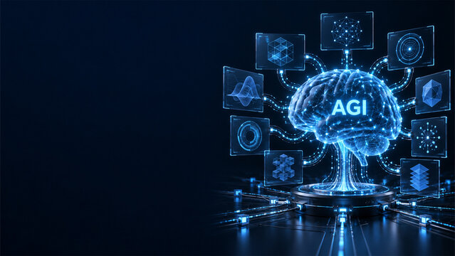 Futuristic Artificial General Intelligence decision making system visualized as an advanced glowing intelligence core analyzing multiple interconnected information pathways