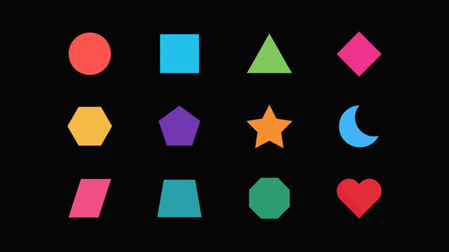 A collection of colorful geometric shapes is presented in a flat vector style polygon circle square triangle pentagon hexagon