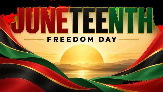 Juneteenth Freedom Day banner with golden sunrise and flowing Pan African color ribbons
