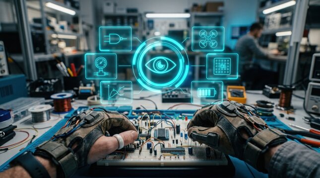 Close-up of hands in haptic feedback gloves working on a breadboard circuit with a floating blue holographic user interface in a high-tech engineering laboratory