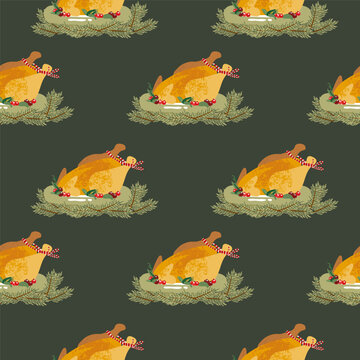 Seamless pattern with baked Christmas chicken on a plate with greens and cranberries and fir branches on a green background