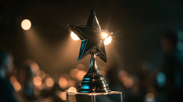 Shiny star award trophy standing on a glass base in a dimly lit room with blurred background lights