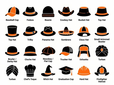 Types of hats and headwear collection with labels for fashion and apparel reference.