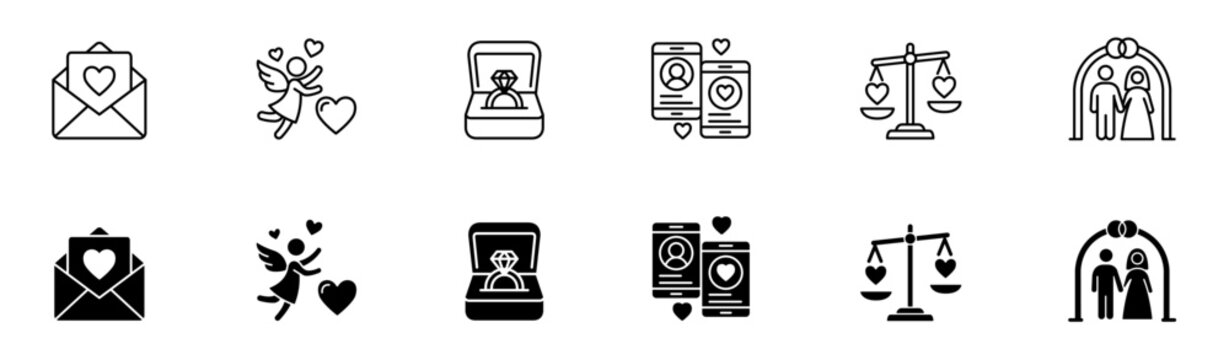 Wedding celebration and engagement romance vector line and filled icon set for bridal relationship and love dating.